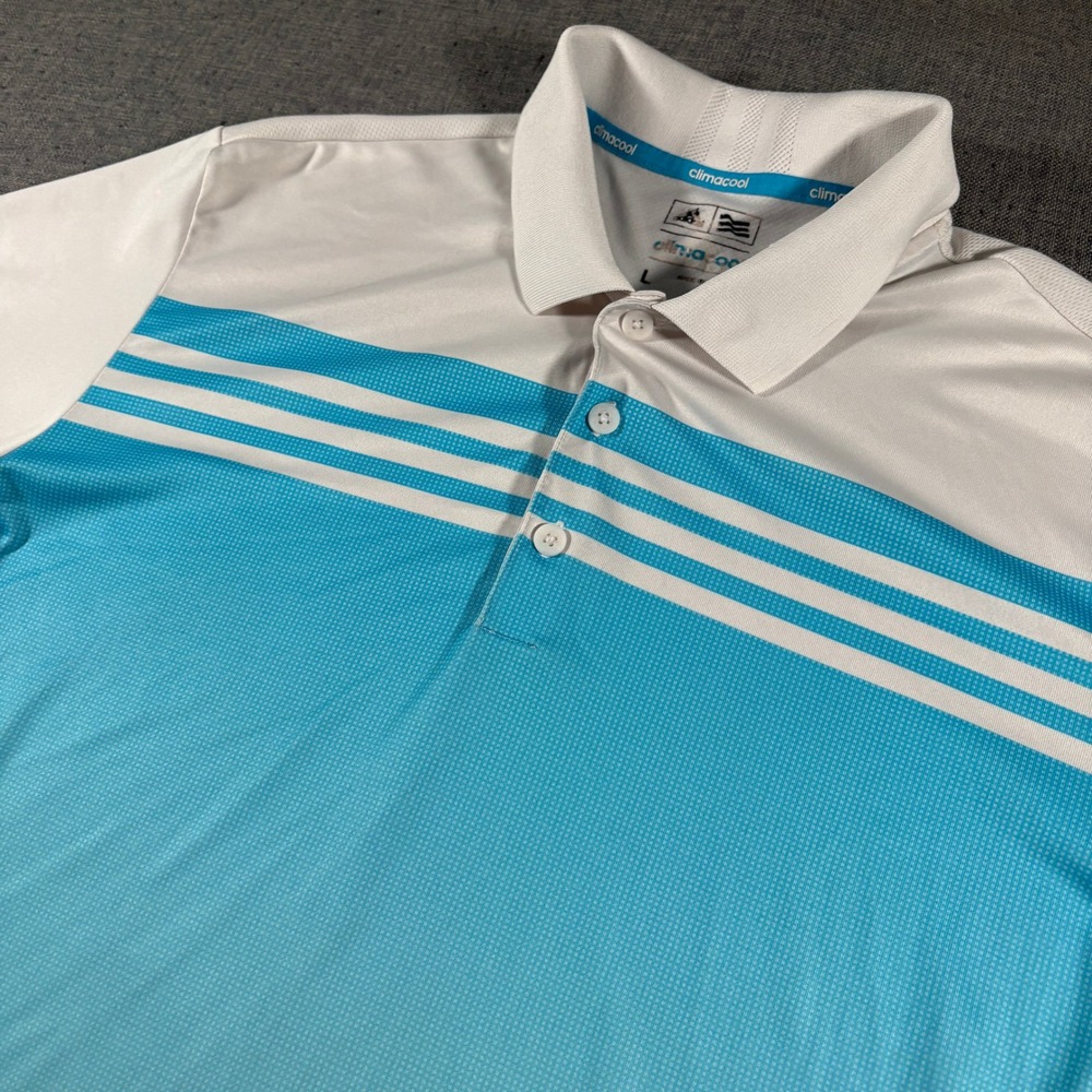 Adidas Golf Polo Mens Large Blue White Striped Climacool PGA National Palm Beach